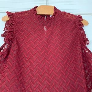 ❤️Burgundy Sheer Mock Neck Ruffle Blouse M